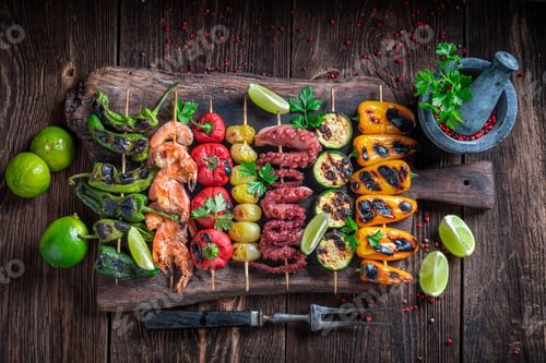 Preview: Healthy grilled skewer as summer delicacy in garden.