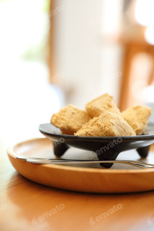 Preview: Warabi Mochi Japanese Dessert On Wooden Table