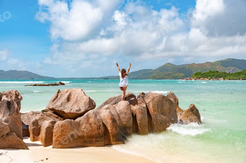 Preview: Rear view of woman standing on rock formation on tropical sandy beach.