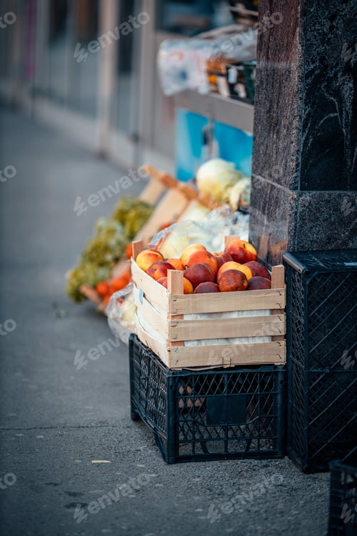 Preview: Box of fresh peaches in the street market
