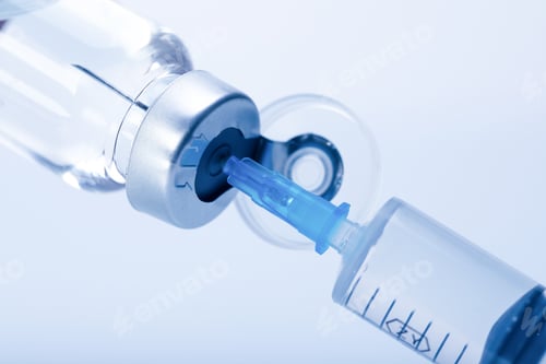 Preview: Closeup of a glass medicine or injection vial with liquid with a syringe