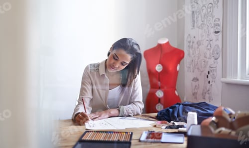 Preview: Creating this seasons trends. A young fashion designer making sketches in her office.