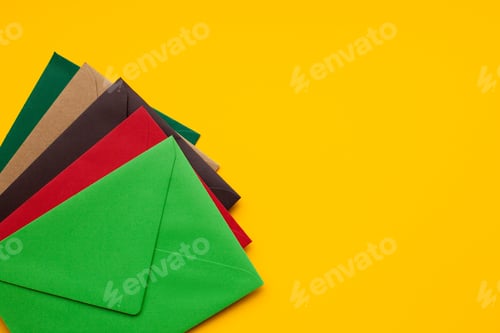 Preview: Red, brown, green envelope on yellow background, with space for text