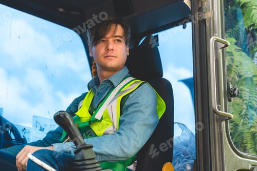 Preview: Construction worker person with backhoe loader or industry tractor, professional technician