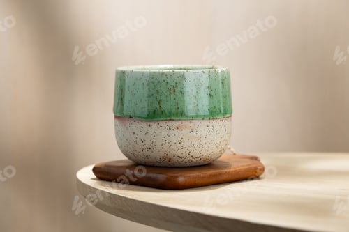 Preview: Japanese Style Ceramic Tea Cup on Wooden Coaster with Soft Natural Light