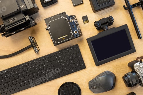 Preview: Overhead view of computer parts and filming accessories on table