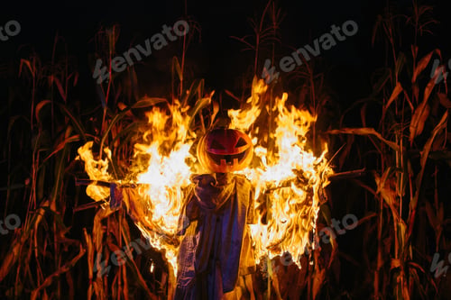Preview: Burning Halloween Scarecrow in a cornfield at night. Halloween holiday concept.