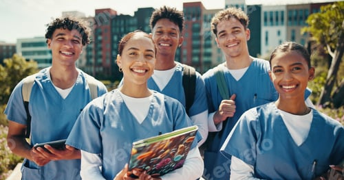 Preview: Group of people, outdoor and portrait as medical student for career, learning or education in clini