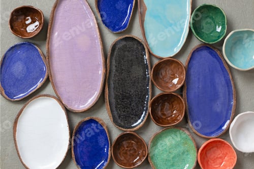 Preview: Handmade colorful ceramic empty dishes and plates background, top view