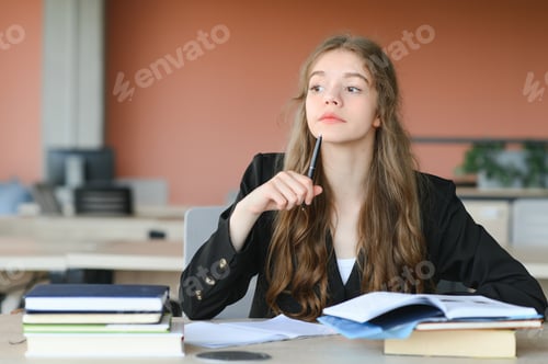 Preview: education and school concept - student girl studying and reading book at school.