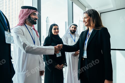 Preview: Multiethnic business team members shaking hands in dubai office