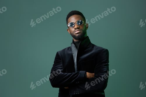 Preview: Confident african american man in black suit and sunglasses standing against vibrant green