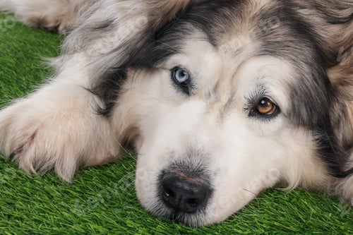 Preview: Beautiful Alaskan malamute dog on artificial grass, closeup