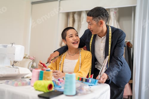 Preview: Fashion design concept, young stylish woman fashion designer working in studio.