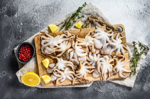 Preview: Raw octopus with thyme and lemon in a wooden bowl. Organic seafood. Gray background. Top view