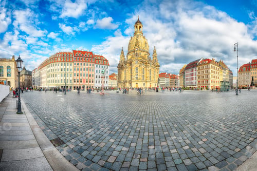 Preview: Breathtaking view of of Baroque church - Frauenkirche at Neumarkt square in downtown of Dresden.