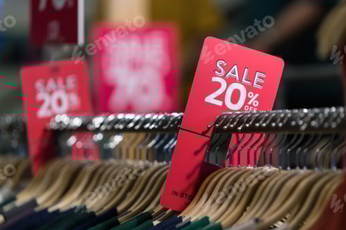 Preview: 20% sale off red and white sign. Discount sale banner at cloth bar store.