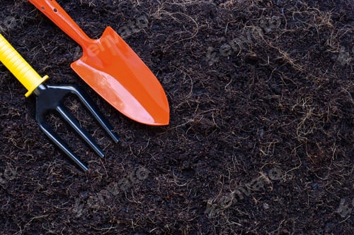 Preview: Garden shovel and fork on soil with coconut shell's hair for agriculture.