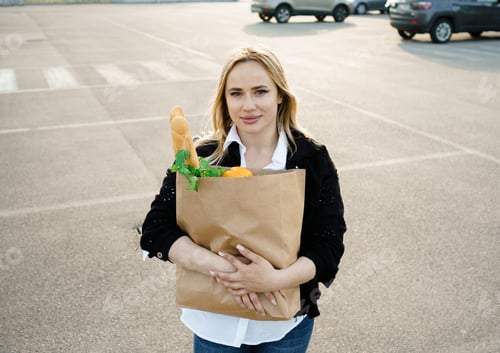 Preview: An enchanting portrait of a smiling woman holding a paper bag overflowing with fresh and healthy