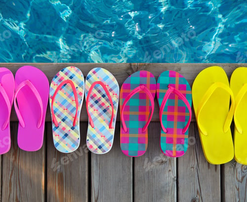 Preview: Brightly colored flip-flops on wooden background