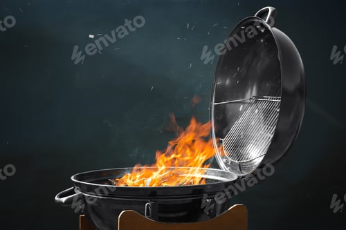 Preview: New modern barbecue grill with burning firewood on dark background