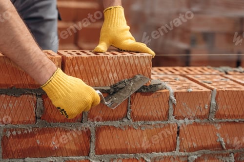 Preview: In yellow gloves. Close up view of construction man that is working with bricks