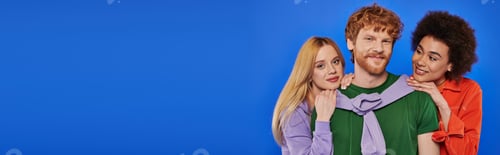 Preview: alternative relationships, polygamy, portrait of three people, young redhead man and beautiful