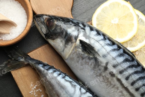 Preview: Fresh raw mackerels and spices on black table, flat lay. Seafood delicacies