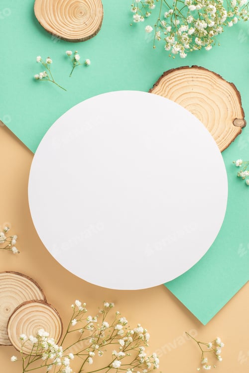 Preview: Herbal natural products concept. Above view photo of empty circle surrounded by white gypsophila