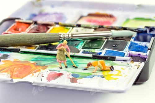 Preview: Tiny People Cleaning a Colorful Watercolor Palette