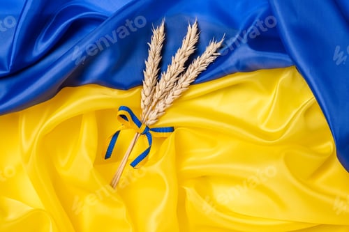 Preview: Bundle of wheat spikes with yellow and blue ribbon on Ukrainian flag background