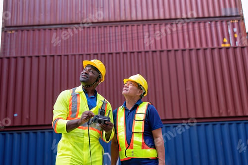 Preview: 2 engineer working in container storage yard use digital tablet check quantity prepare to delivery