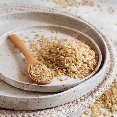 Preview: Brown rice on a plate with a spoon
