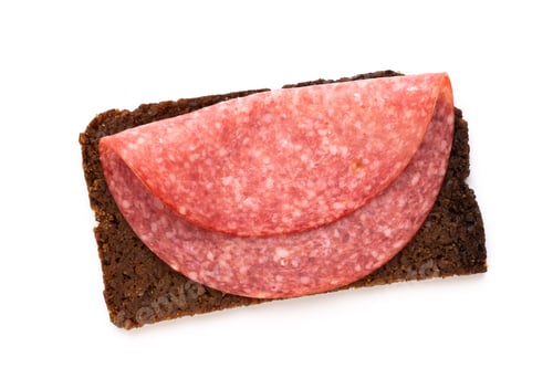 Preview: Sandwich with salami sausage on white background.