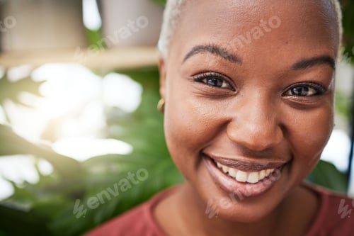 Preview: Portrait, plants and smile with a black woman gardener in her home for sustainability or green grow