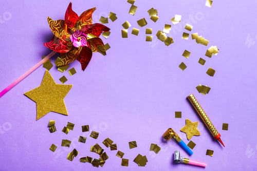Preview: Flat lay composition with party decor on color background