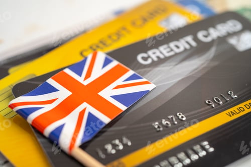 Preview: United Kingdom flag on credit card. Finance development, Banking Account, Statistics, Investment