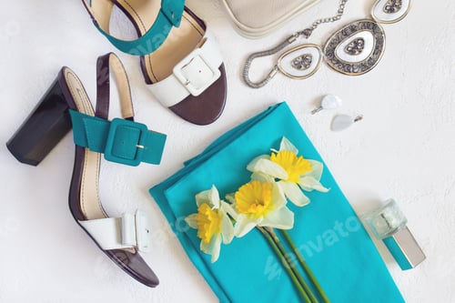 Preview: flat lay Women's shoes and accessories collage. Beauty and fashi