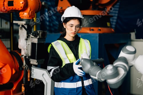 Preview: Female technician engineer using controller checking robotic machine