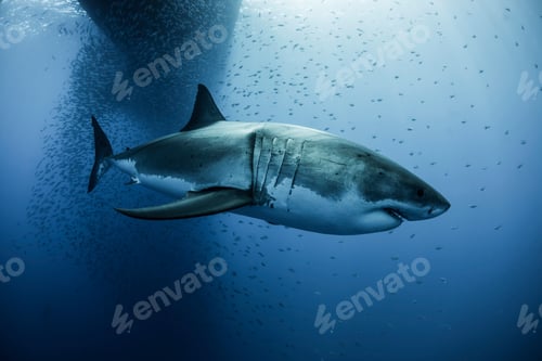 Preview: Great white shark (carcharodon megalodon) swimming under boat shadow, Guadalupe, Mexico