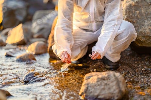 Preview: Close-up of researcher collecting water sample at seashore