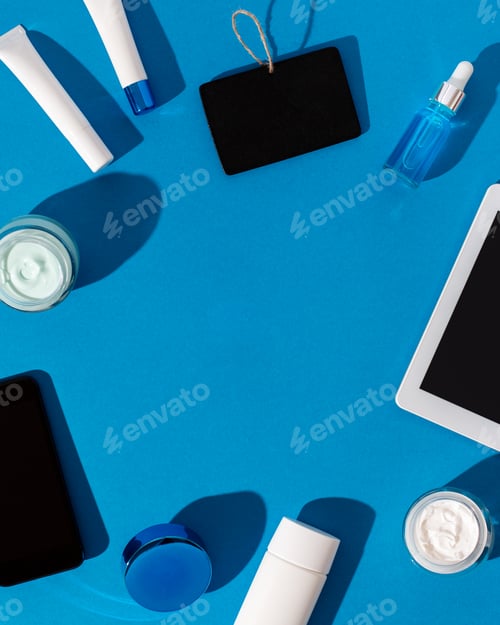 Preview: Skin care cosmetics protecting from gadgets blue light on blue background
