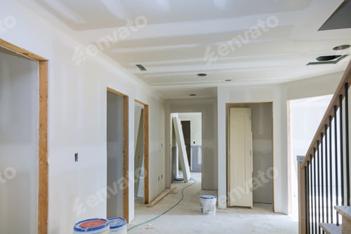 Preview: Interior construction of housing project with door installed construction materials