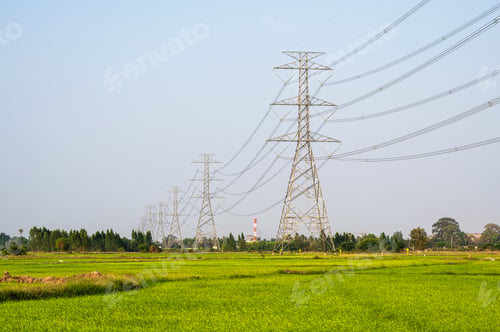 Preview: Arrangement of High voltage pole, Transmission tower on rice field in countryside