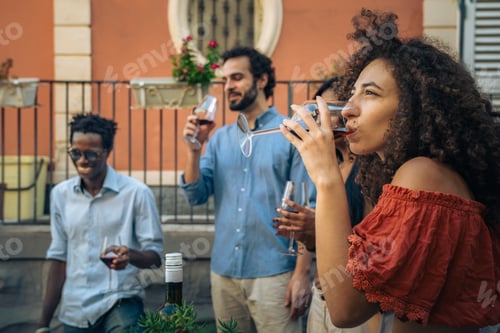 Preview: Woman drinking wine with friends outdoors at party celebration, lifestyle summer multicultural