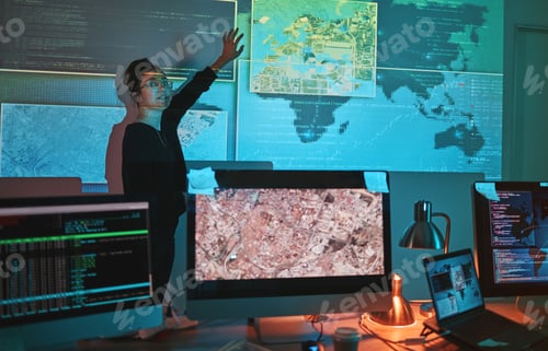 Preview: Cybersecurity, woman and global presentation with map graphic for phishing and hacker data. Cyber c