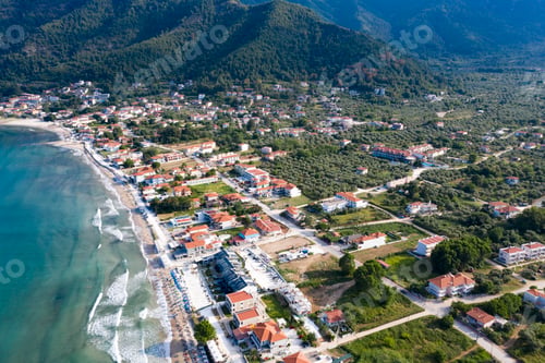 Preview: Aerial view of idyllic Golden beach toward the headland at Skala Potamia, Thassos, Greece