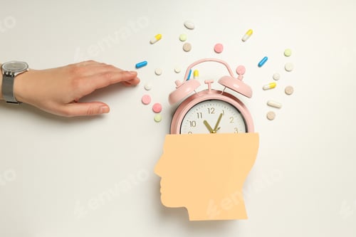 Preview: Pink alarm clock from a paper head on a light background