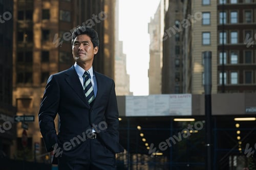 Vista previa: Businessman pensively looking into the distance on a city street at dusk.