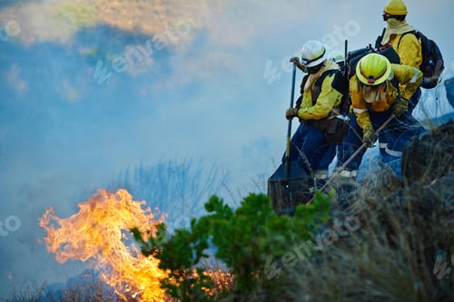 Preview: Where theres smoke, theres fire and fire fighters. Shot of fire fighters combating a wild fire.